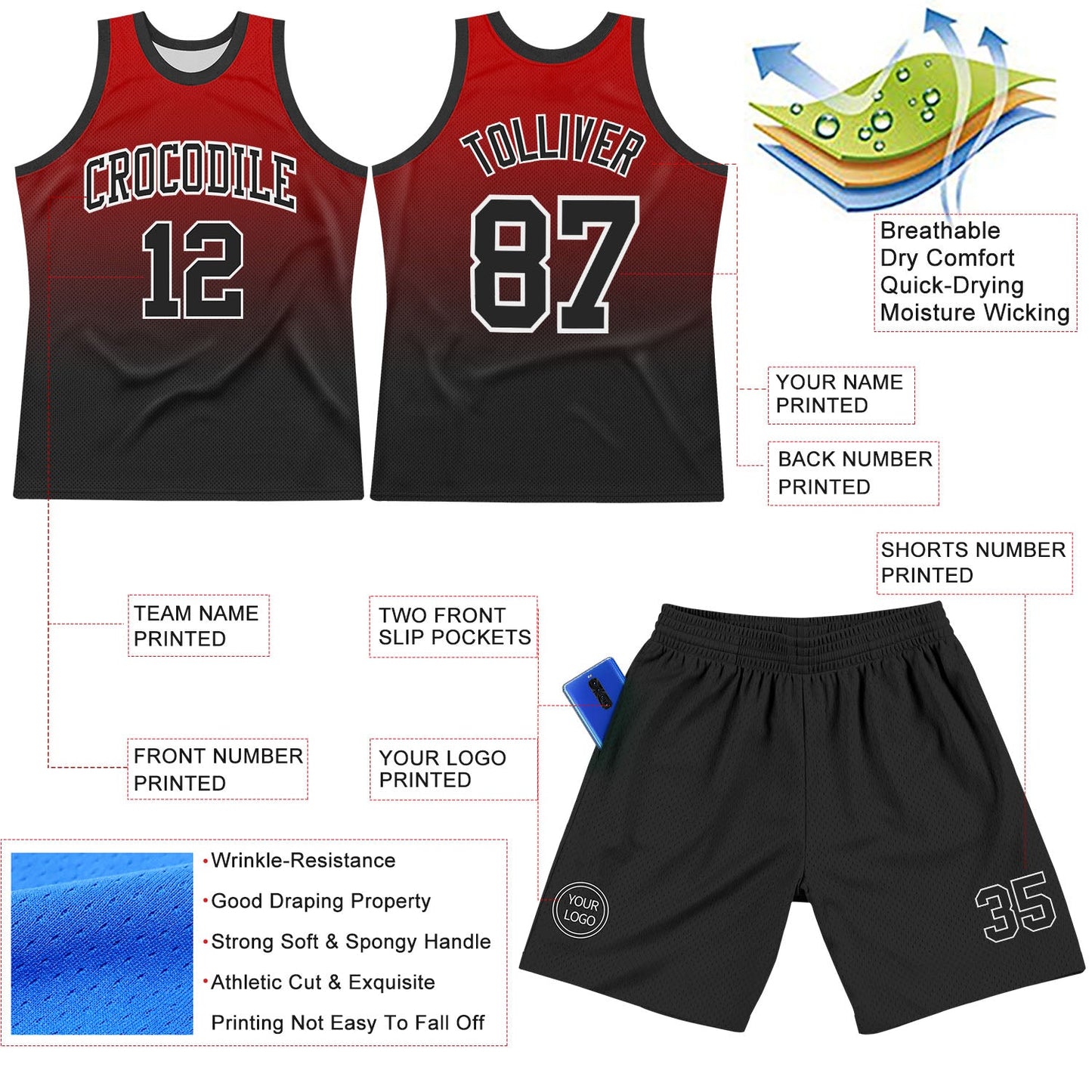 Custom Red Black-White Fade Fashion Round Neck Sublimation Basketball Set Jersey view 3