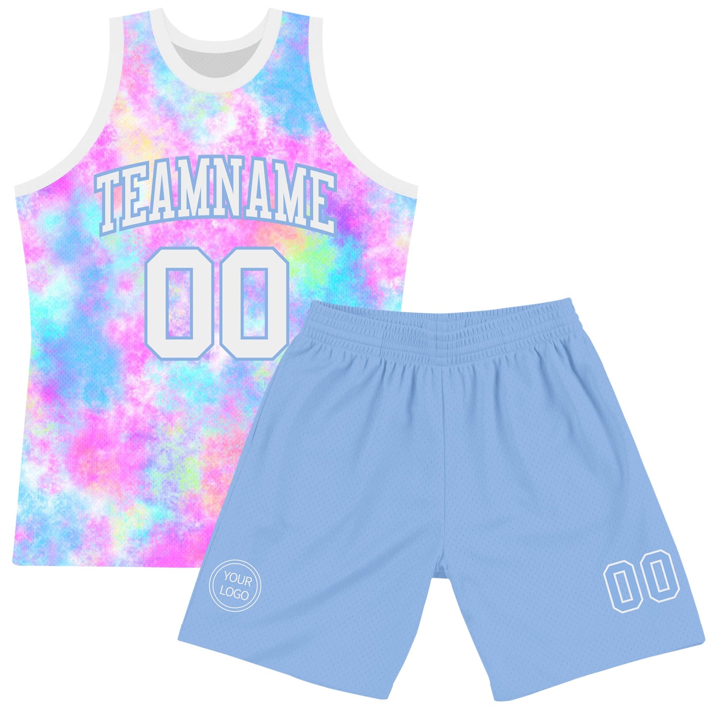 Custom Tie Dye White-Light Blue Round Neck Sublimation Basketball Set Jersey view 2