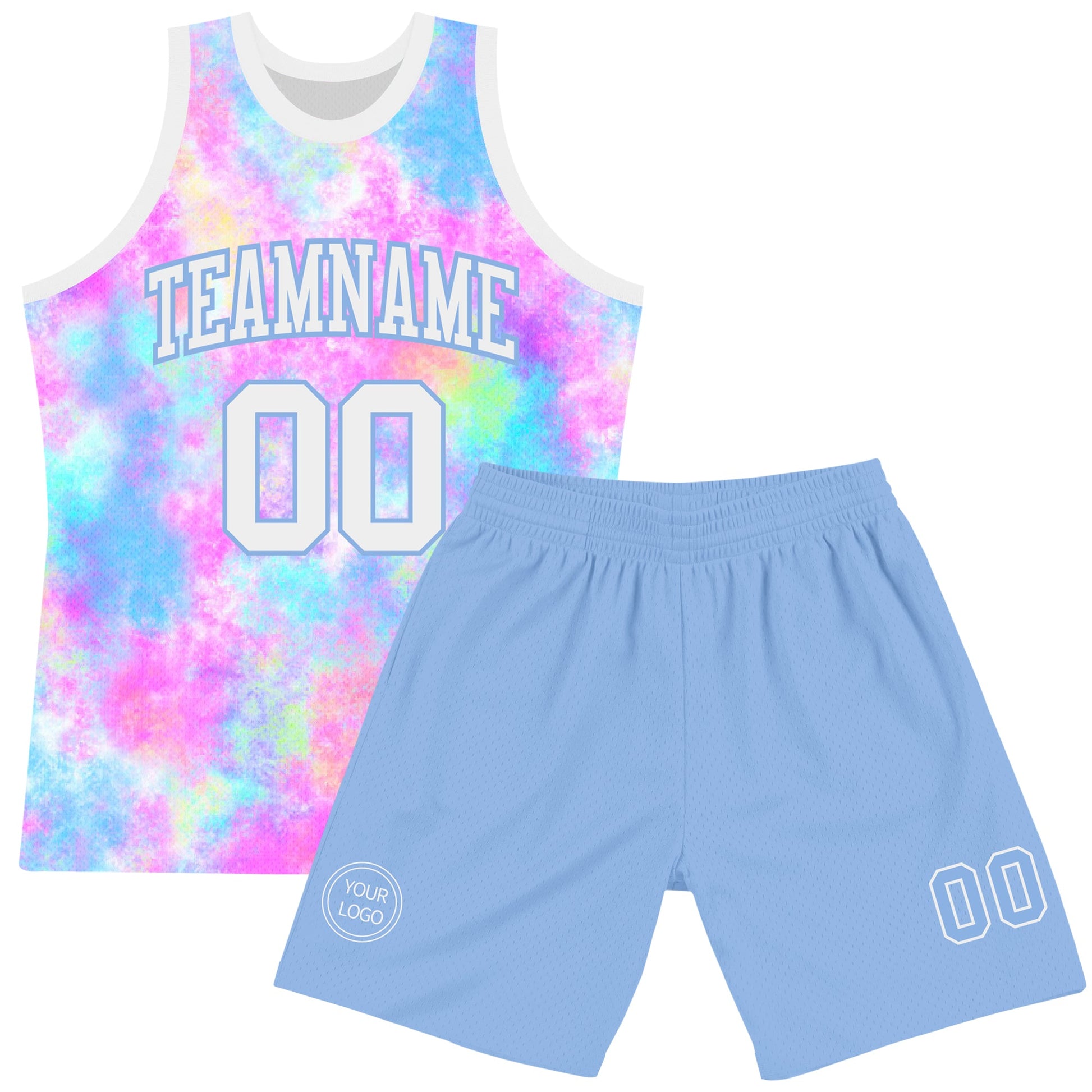 Custom Tie Dye White-Light Blue Round Neck Sublimation Basketball Set Jersey view 2
