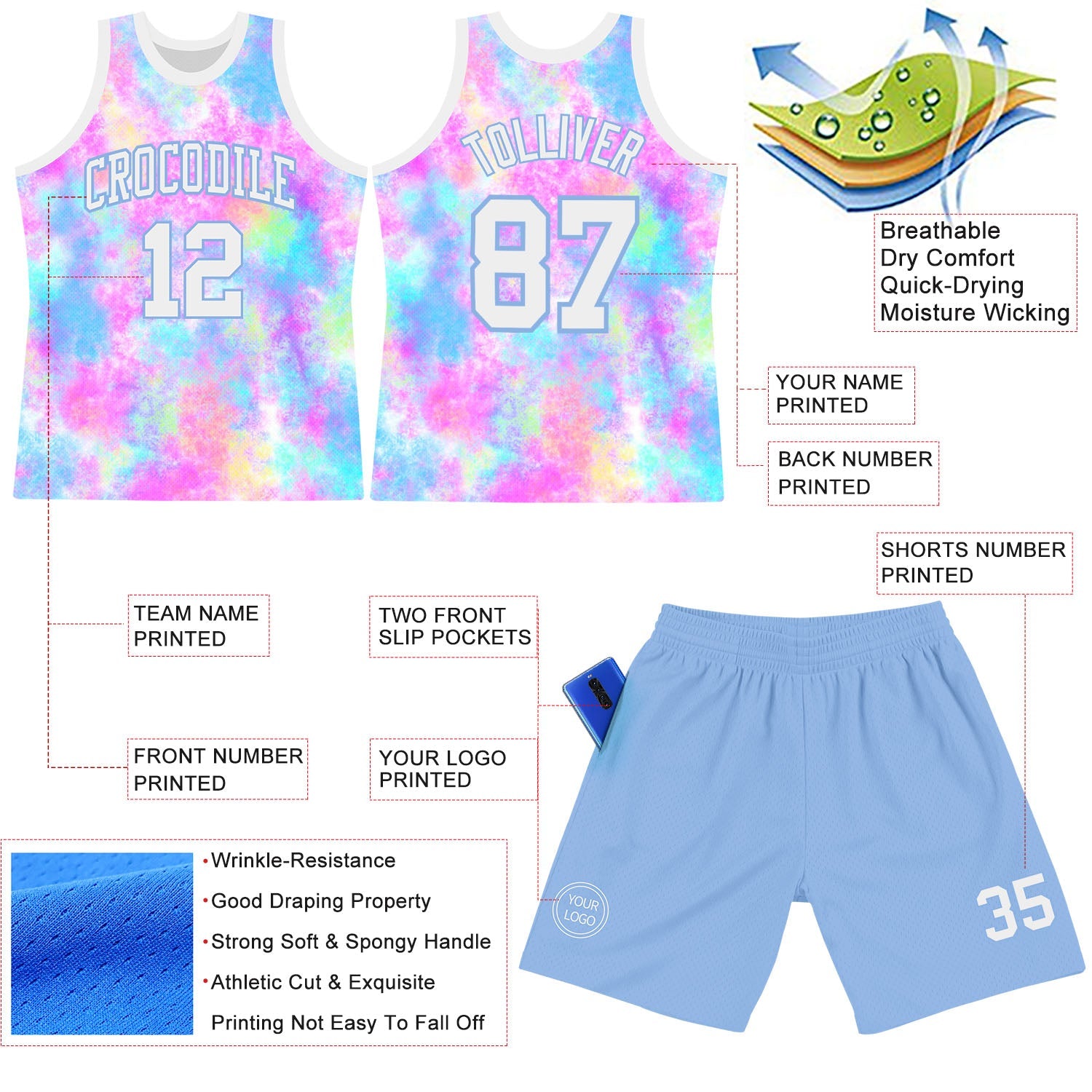 Custom Tie Dye White-Light Blue Round Neck Sublimation Basketball Set Jersey view 3