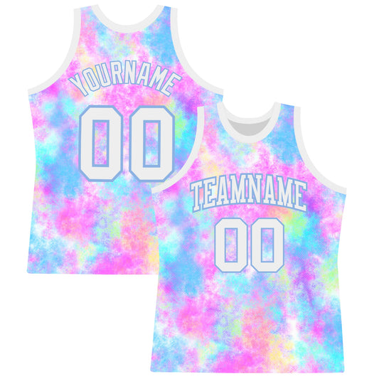 Custom Tie Dye White-Light Blue Round Neck Sublimation Basketball Set Jersey - Main View
