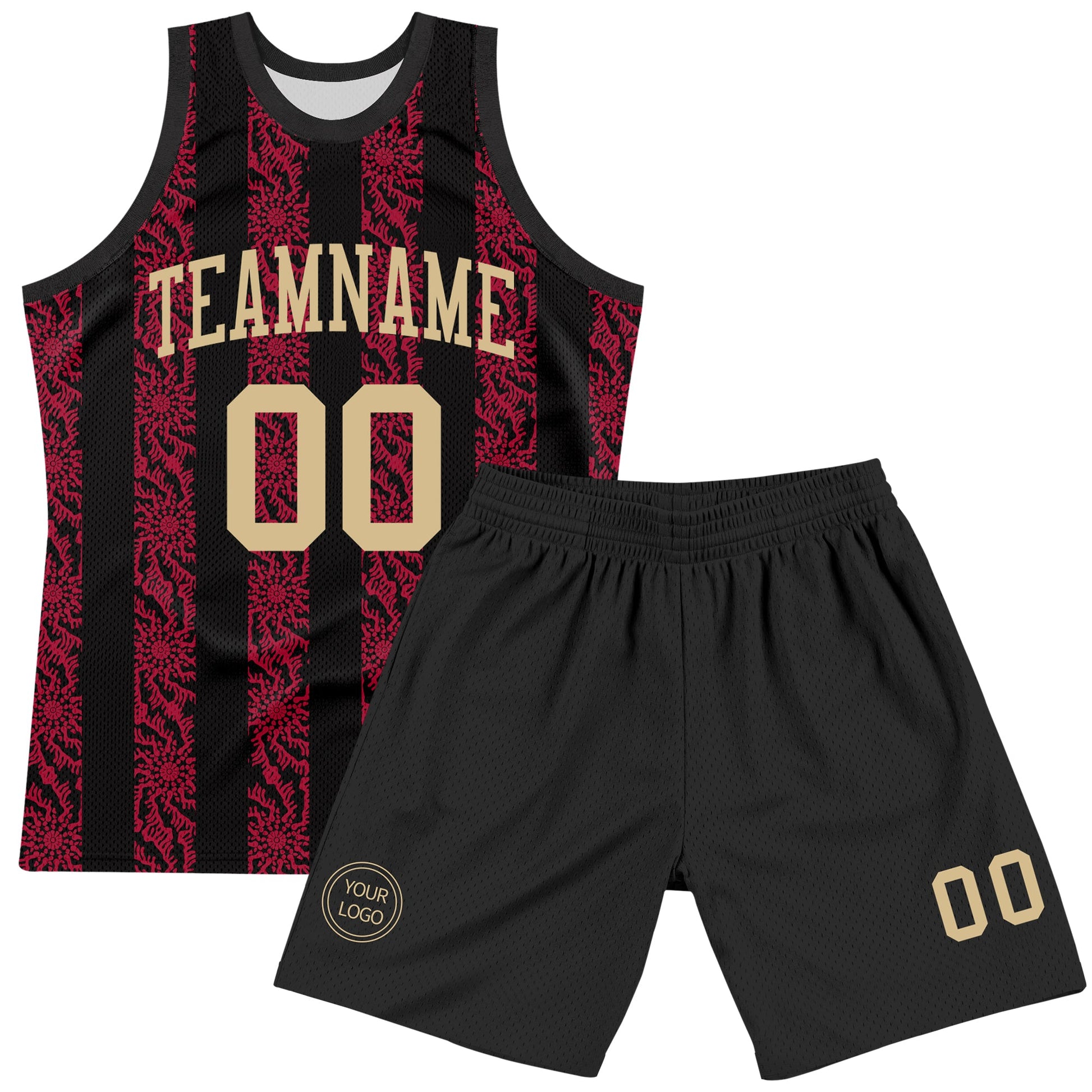 Custom Black Vegas Gold-Red Abstract Shape Round Neck Sublimation Basketball Set Jersey view 2