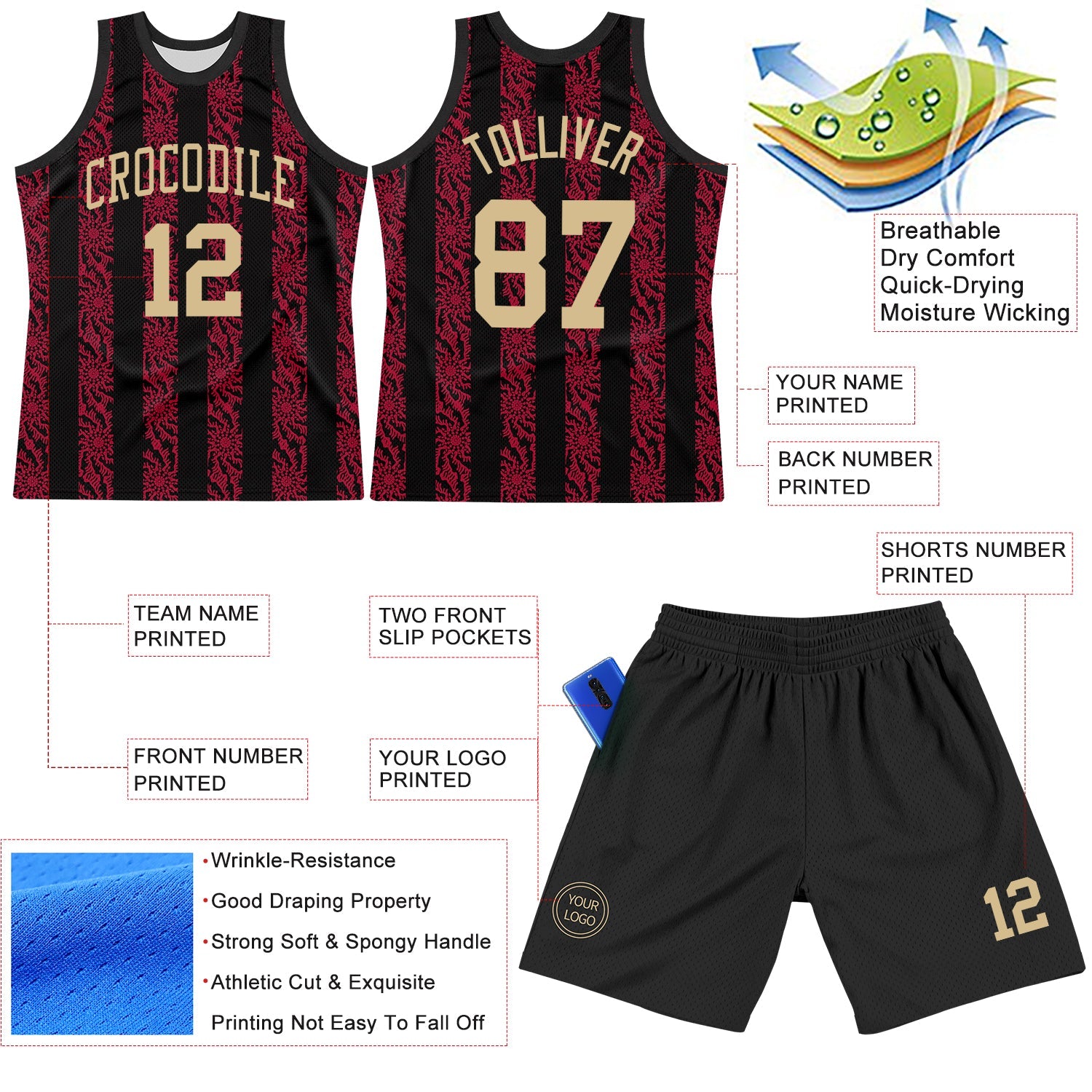 Custom Black Vegas Gold-Red Abstract Shape Round Neck Sublimation Basketball Set Jersey view 3