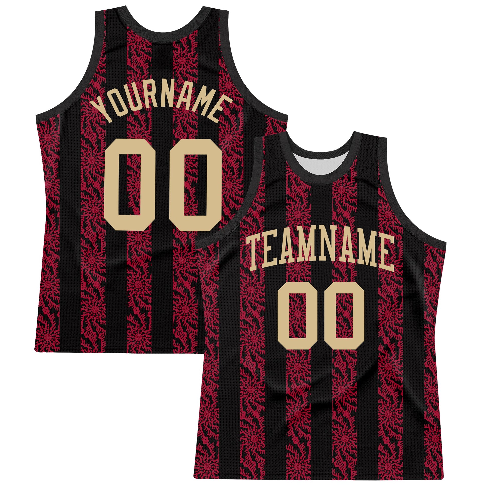 Custom Black Vegas Gold-Red Abstract Shape Round Neck Sublimation Basketball Set Jersey - Main View