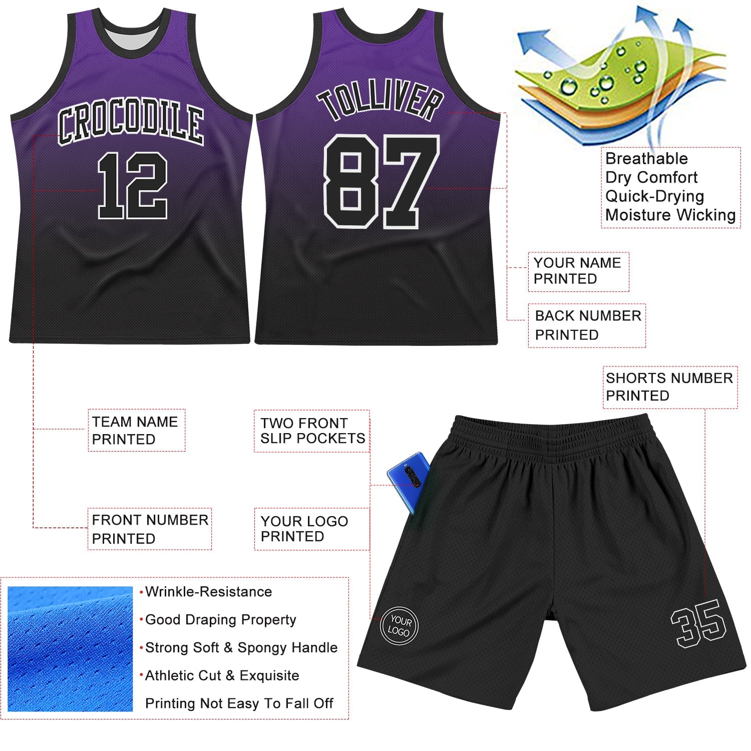Custom Purple Black-White Fade Fashion Round Neck Sublimation Basketball Set Jersey view 3