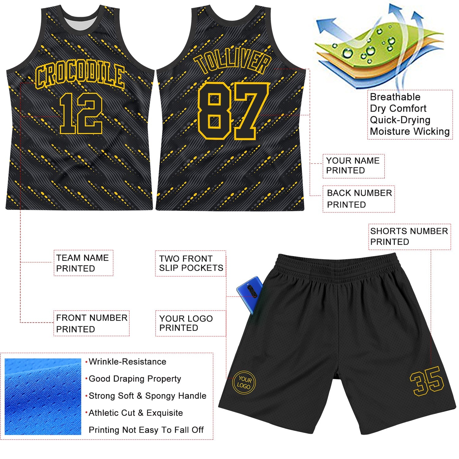 Custom Black Yellow Slant Lines Round Neck Sublimation Basketball Set Jersey view 3