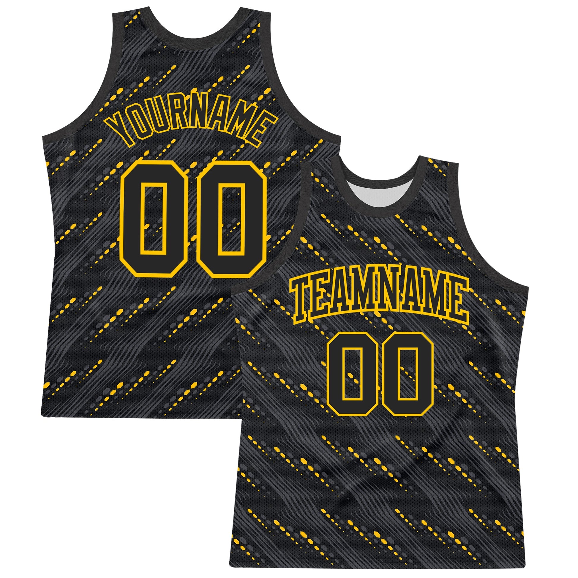 Custom Black Yellow Slant Lines Round Neck Sublimation Basketball Set Jersey - Main View