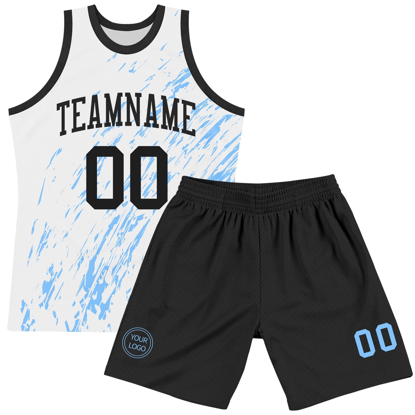 Custom White Black-Light Blue Splash Round Neck Sublimation Basketball Set Jersey view 2