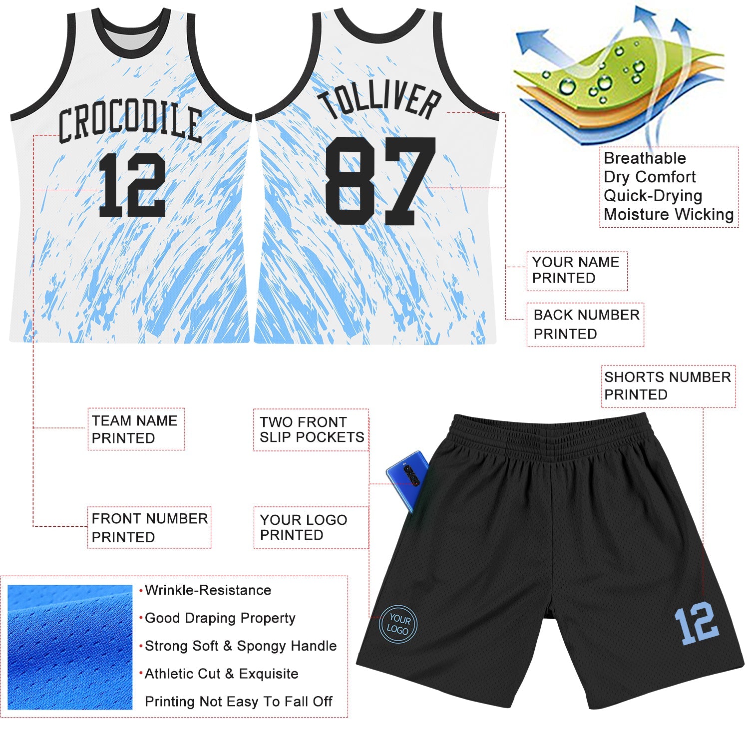 Custom White Black-Light Blue Splash Round Neck Sublimation Basketball Set Jersey view 3