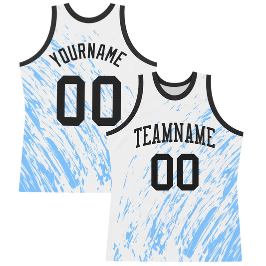 Custom White Black-Light Blue Splash Round Neck Sublimation Basketball Set Jersey - Main View