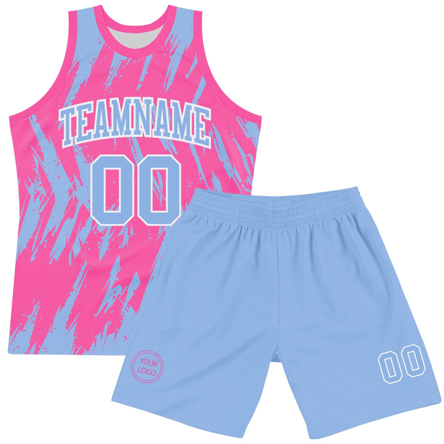 Custom Pink Light Blue-White Abstract Sharp Shape Fragment Art Round Neck Sublimation Basketball Set Jersey view 2