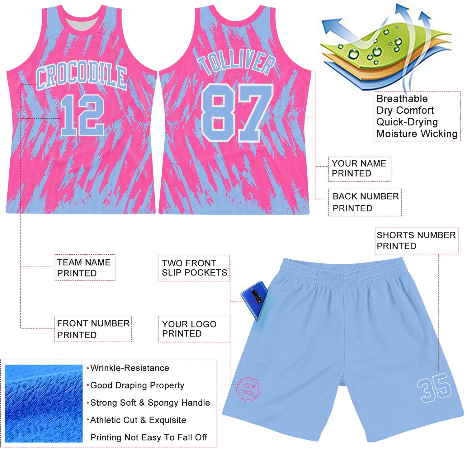 Custom Pink Light Blue-White Abstract Sharp Shape Fragment Art Round Neck Sublimation Basketball Set Jersey view 3