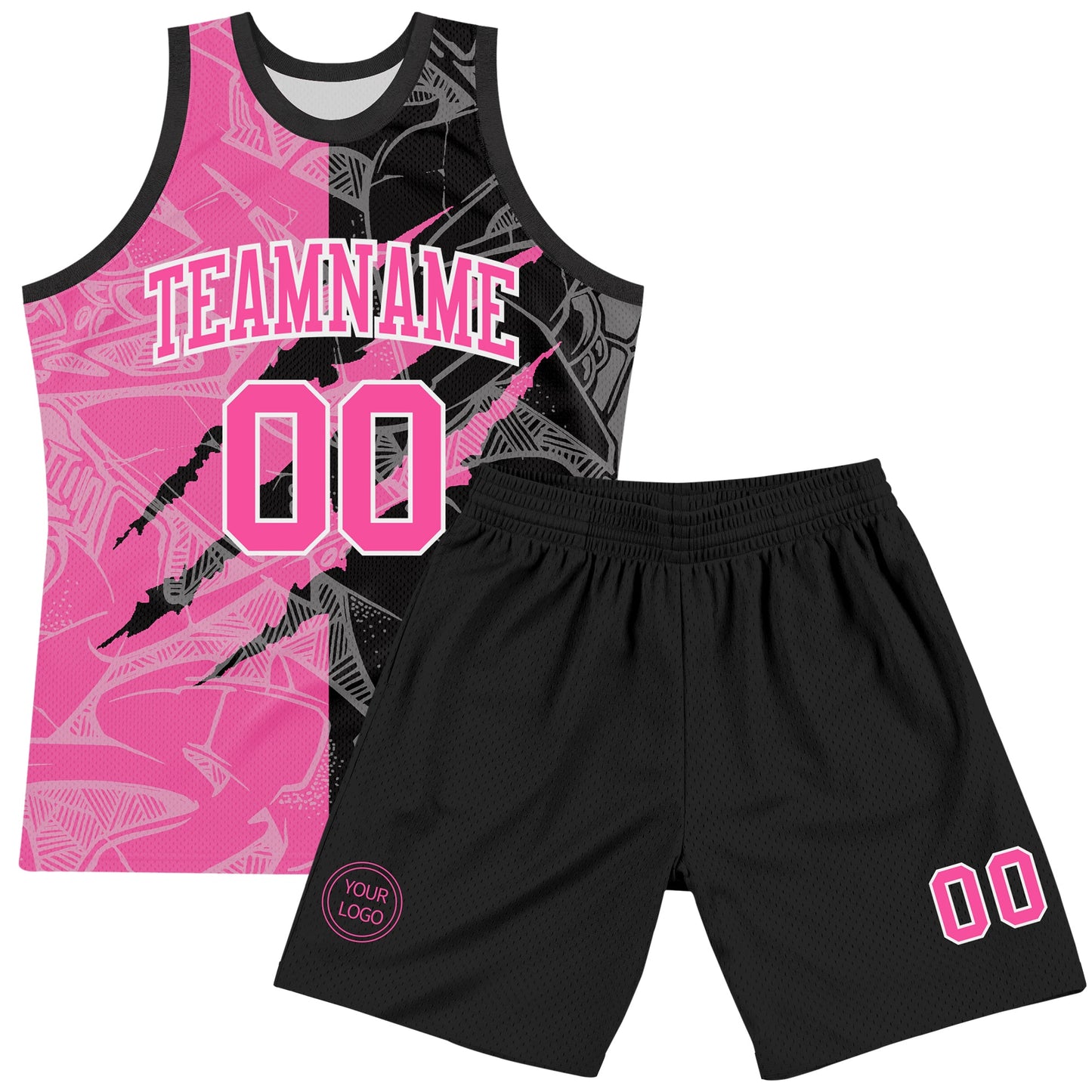 Custom Graffiti Pattern Pink Black-White Scratch Round Neck Sublimation Basketball Set Jersey view 2