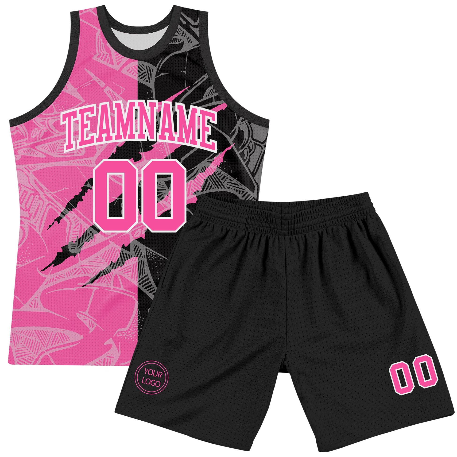 Custom Graffiti Pattern Pink Black-White Scratch Round Neck Sublimation Basketball Set Jersey view 2