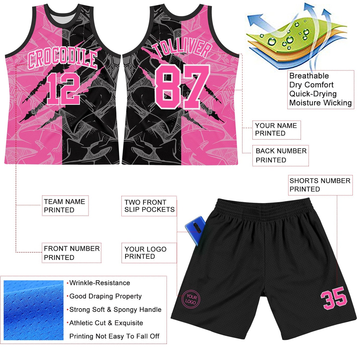 Custom Graffiti Pattern Pink Black-White Scratch Round Neck Sublimation Basketball Set Jersey view 3