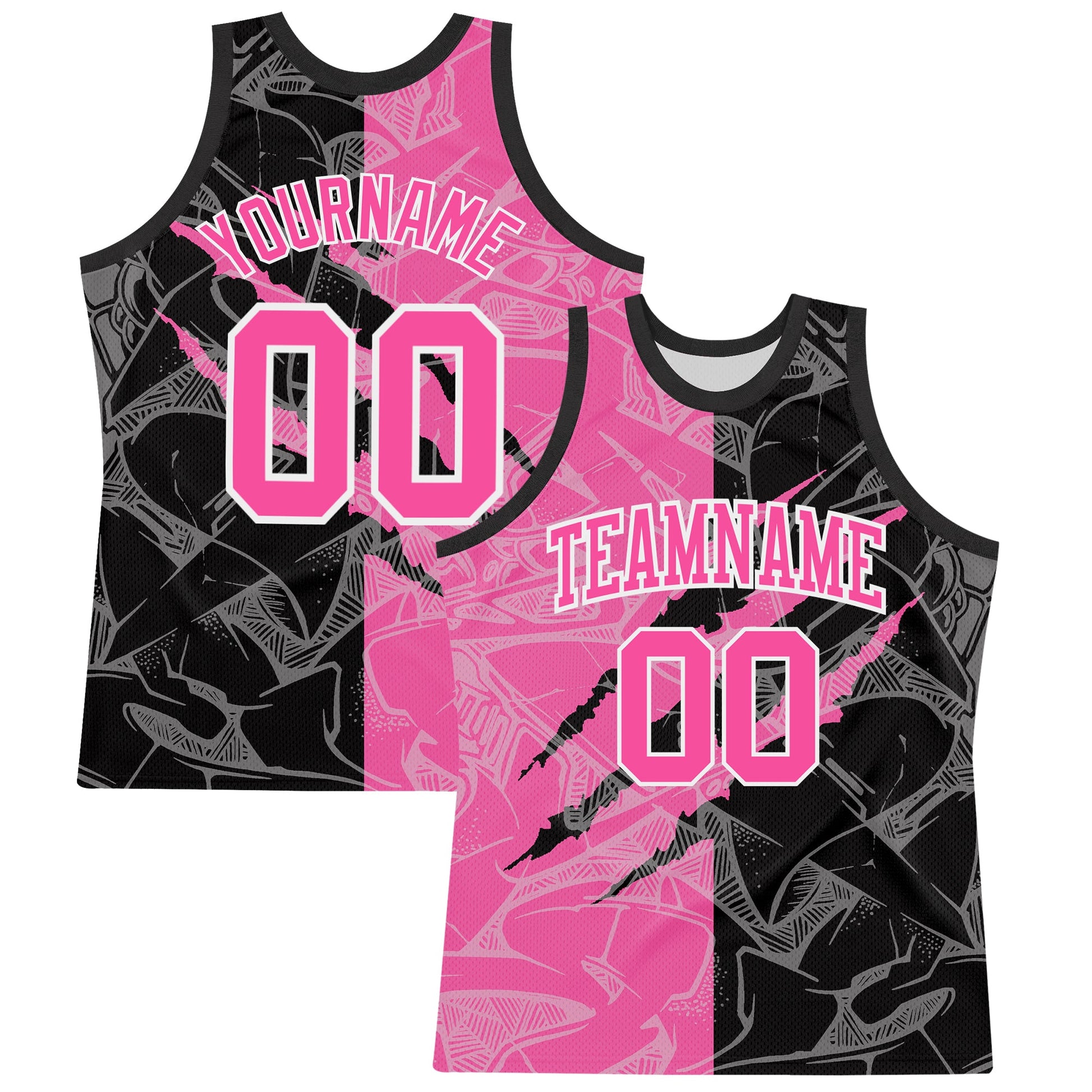 Custom Graffiti Pattern Pink Black-White Scratch Round Neck Sublimation Basketball Set Jersey - Main View
