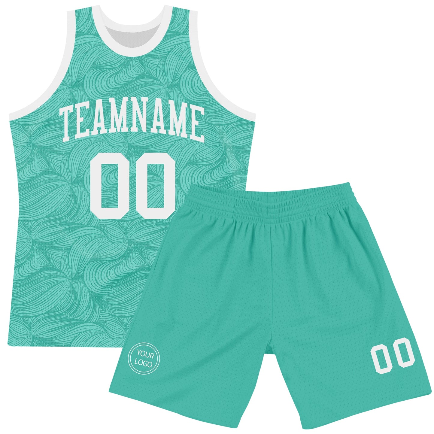 Custom Aqua White Fluid Art Round Neck Sublimation Basketball Set Jersey view 2