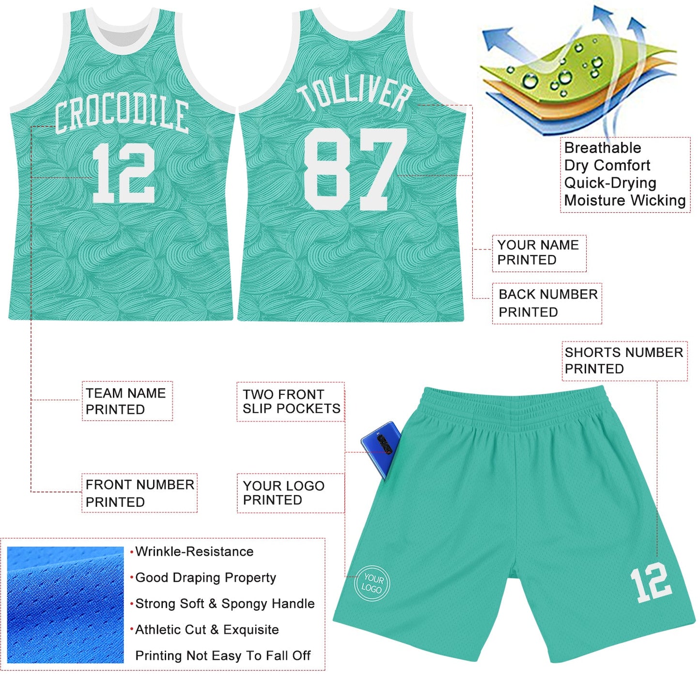 Custom Aqua White Fluid Art Round Neck Sublimation Basketball Set Jersey view 3