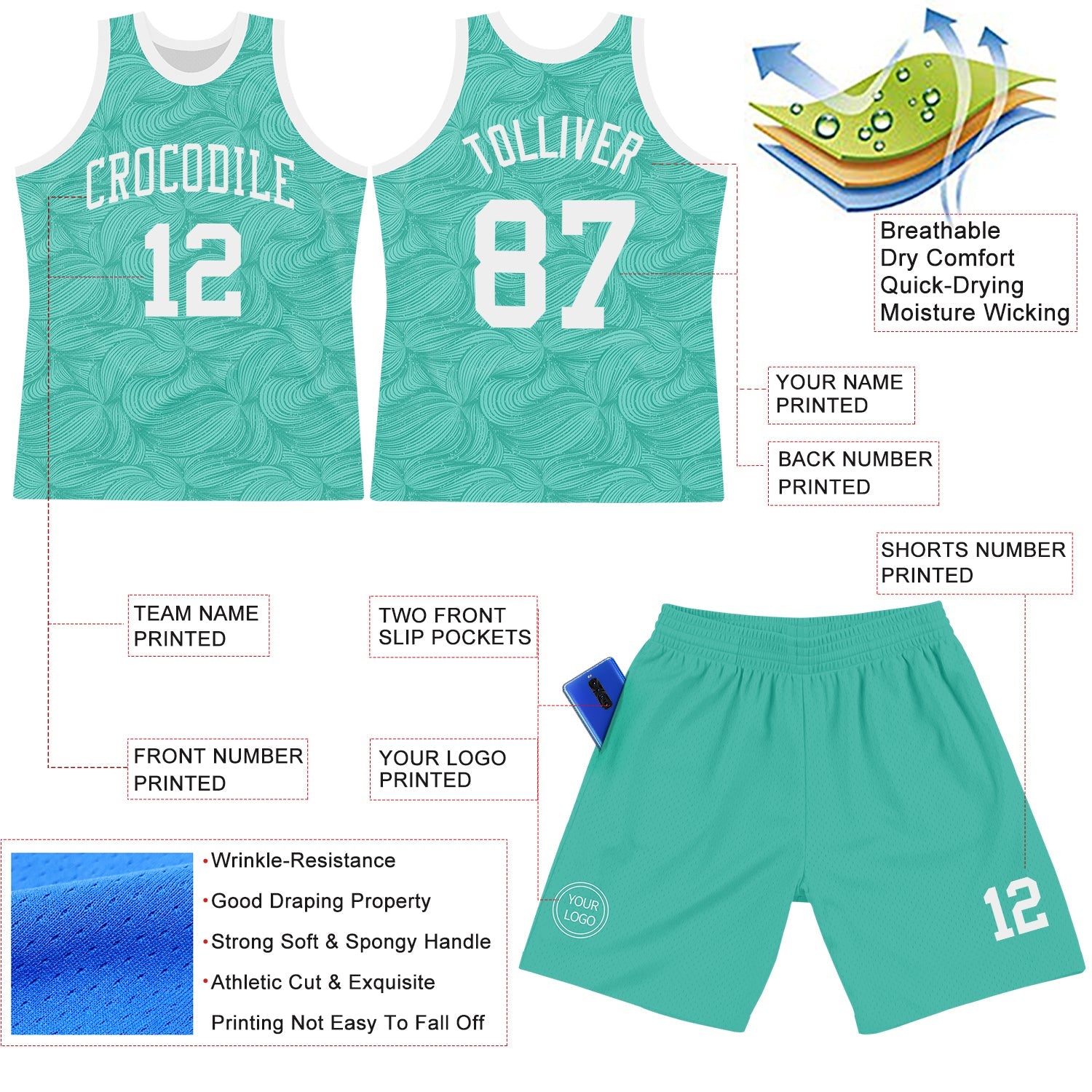 Custom Aqua White Fluid Art Round Neck Sublimation Basketball Set Jersey view 3