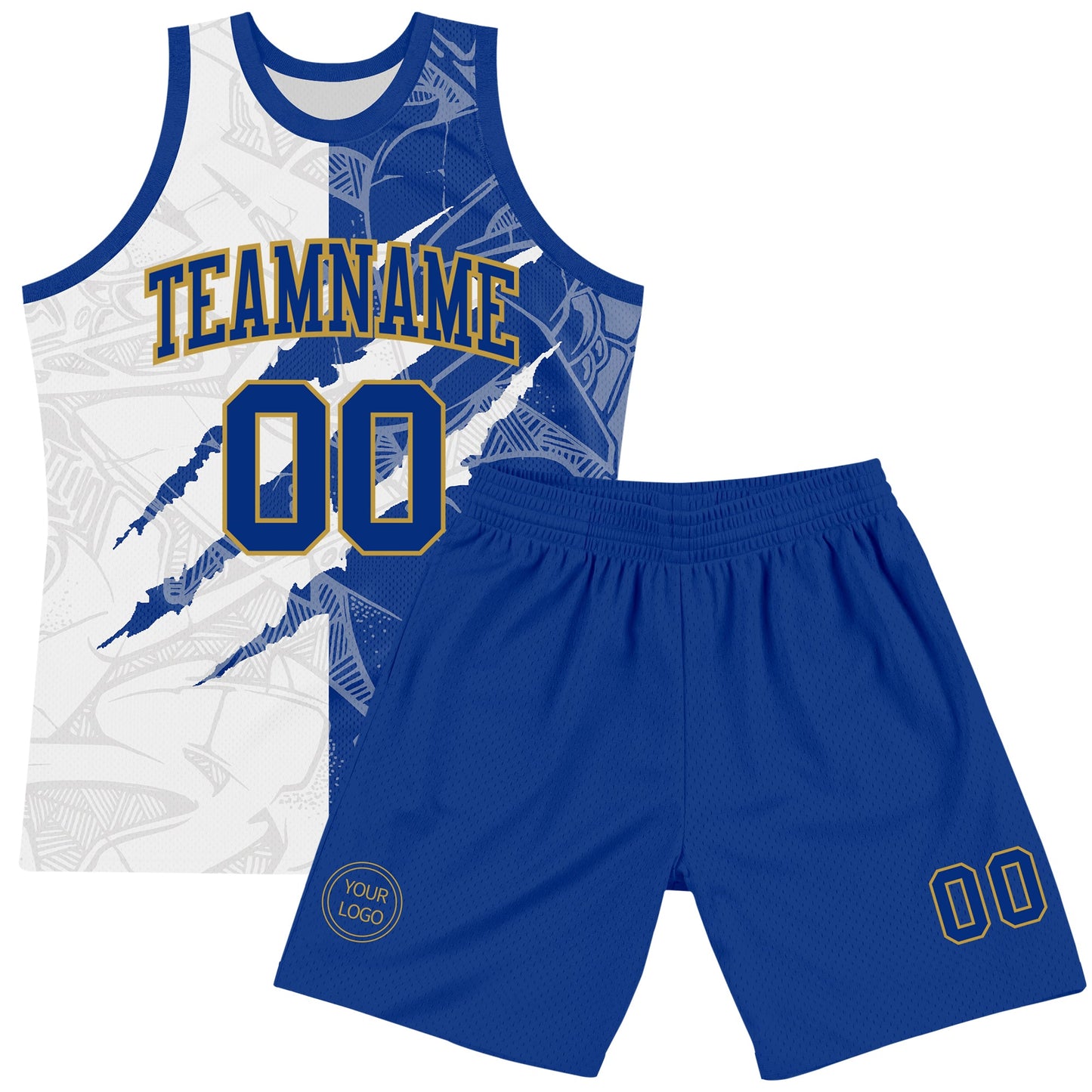 Custom Graffiti Pattern Royal White-Old Gold Scratch Round Neck Sublimation Basketball Set Jersey view 2