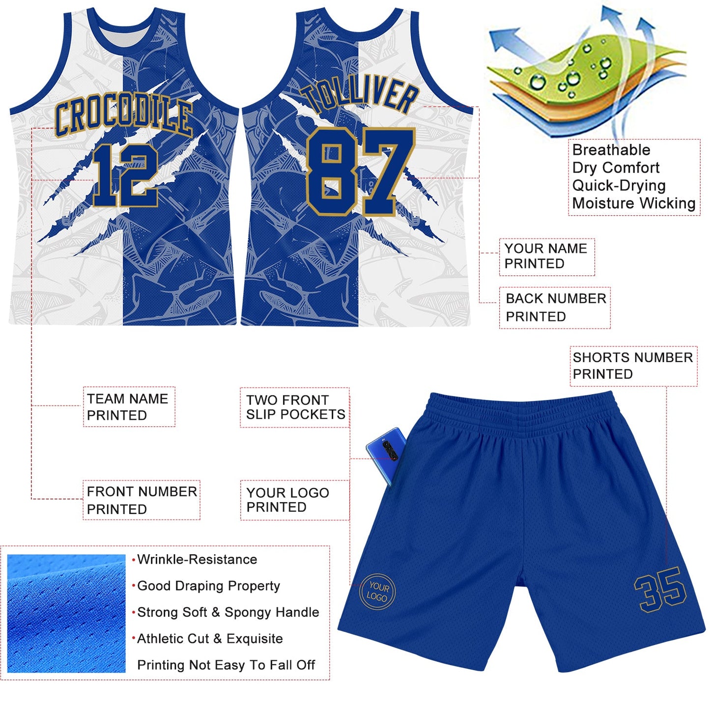 Custom Graffiti Pattern Royal White-Old Gold Scratch Round Neck Sublimation Basketball Set Jersey view 3