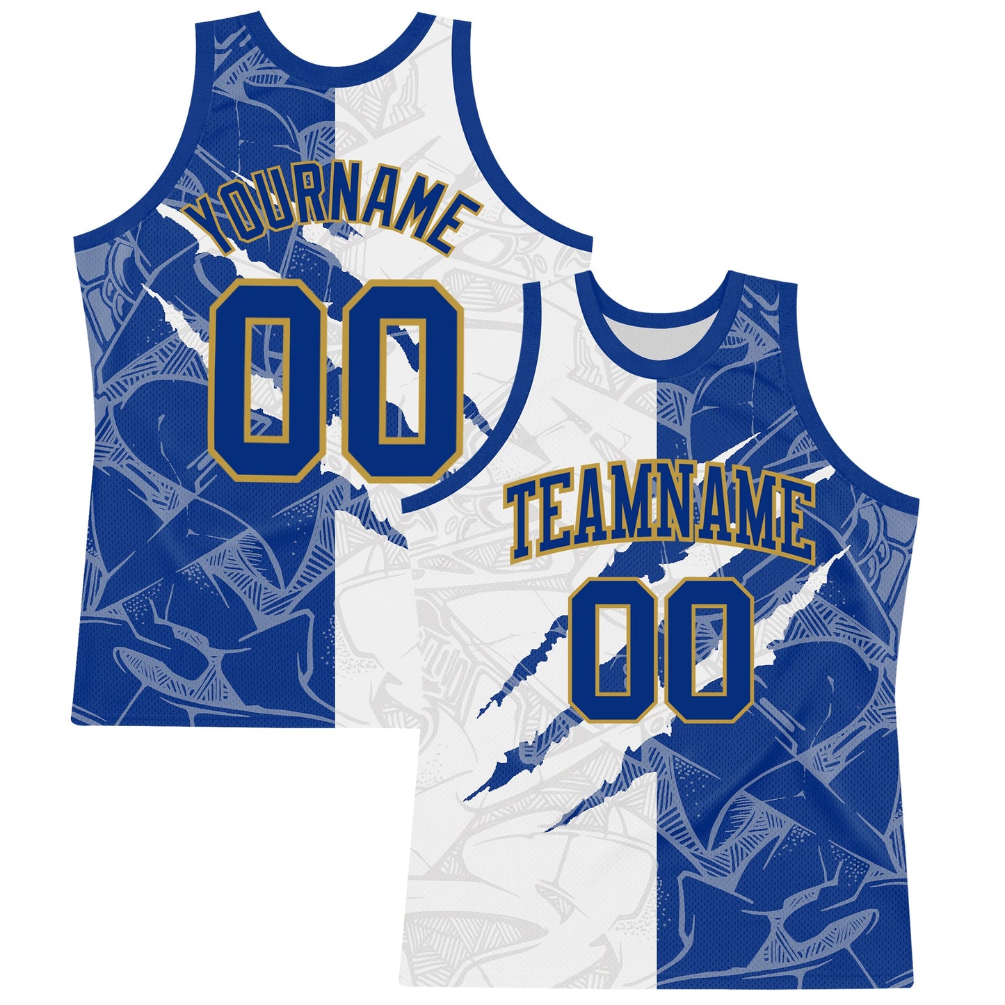 Custom Graffiti Pattern Royal White-Old Gold Scratch Round Neck Sublimation Basketball Set Jersey - Main View