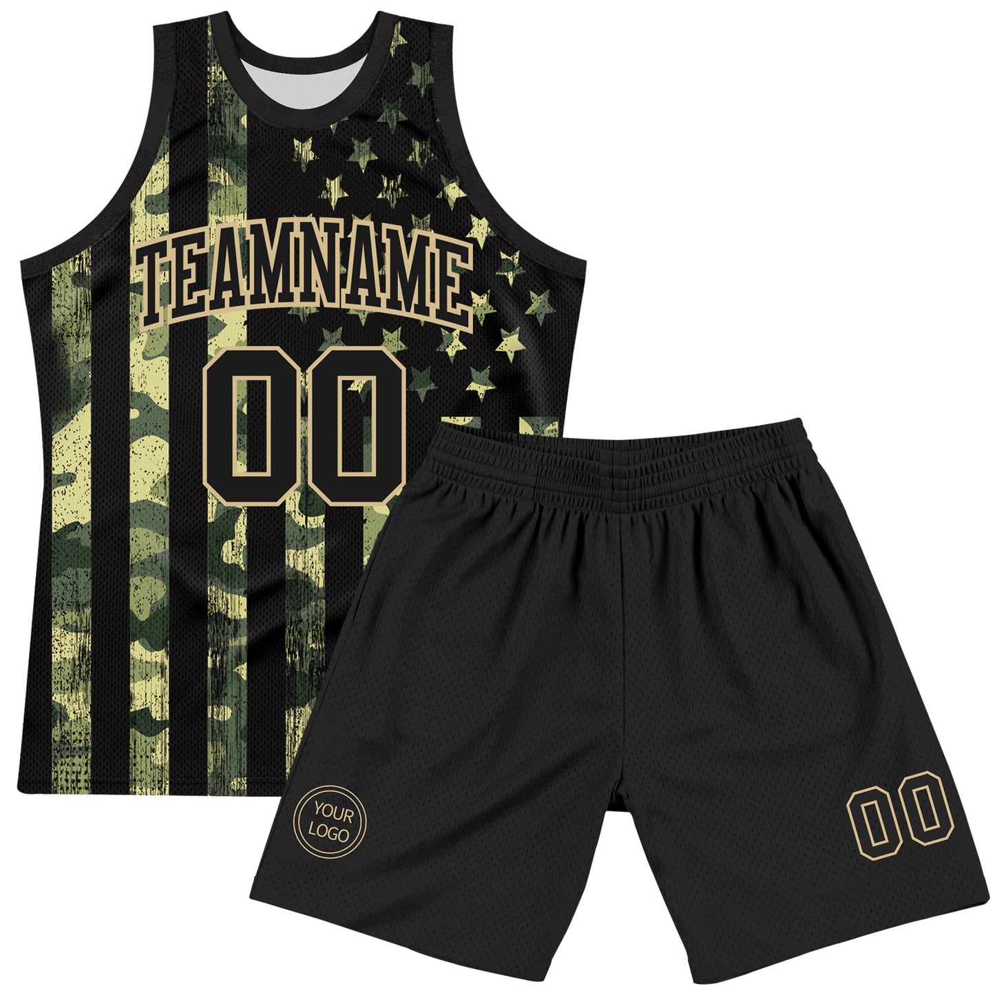 Custom Camo Black-Vegas Gold American Flag Round Neck Sublimation Salute To Service Basketball Set Jersey view 2