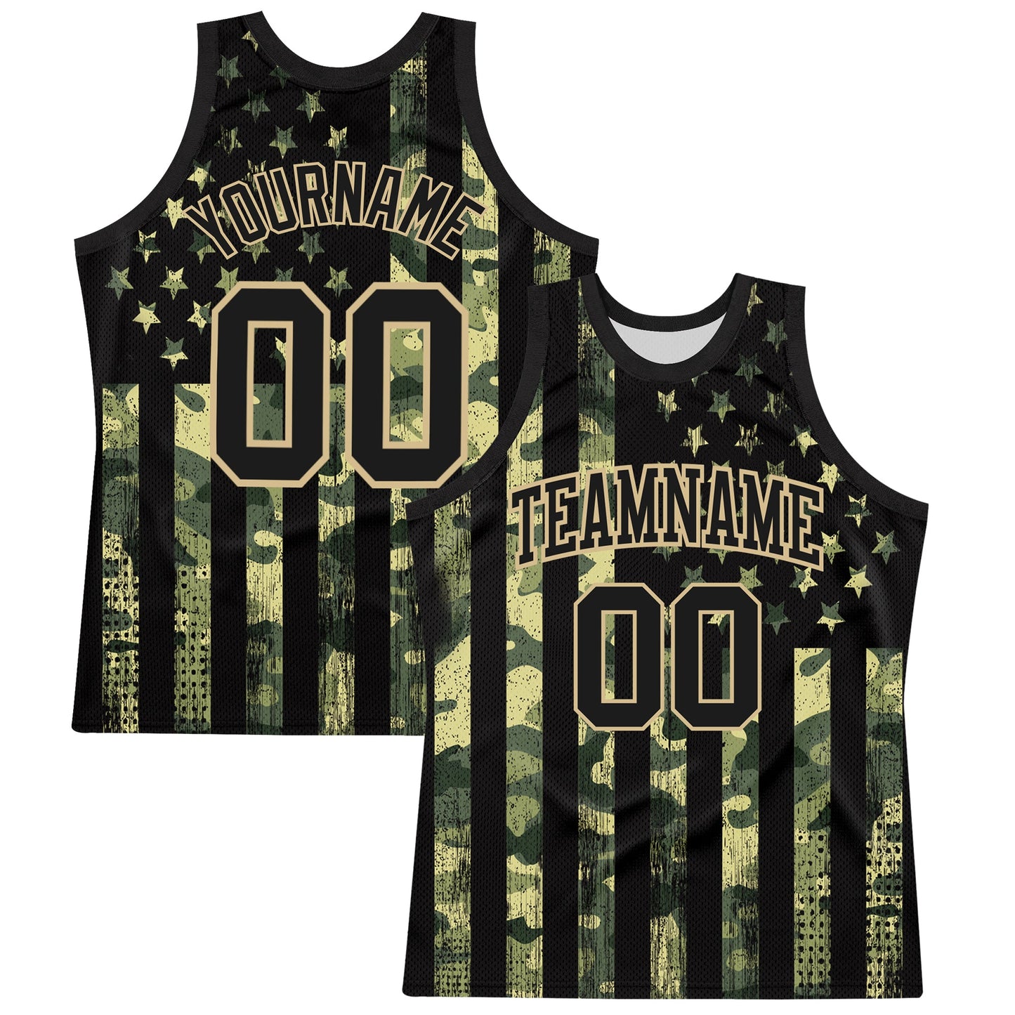 Custom Camo Black-Vegas Gold American Flag Round Neck Sublimation Salute To Service Basketball Set Jersey - Main View