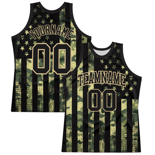Custom Camo Black-Vegas Gold American Flag Round Neck Sublimation Salute To Service Basketball Set Jersey - Main View