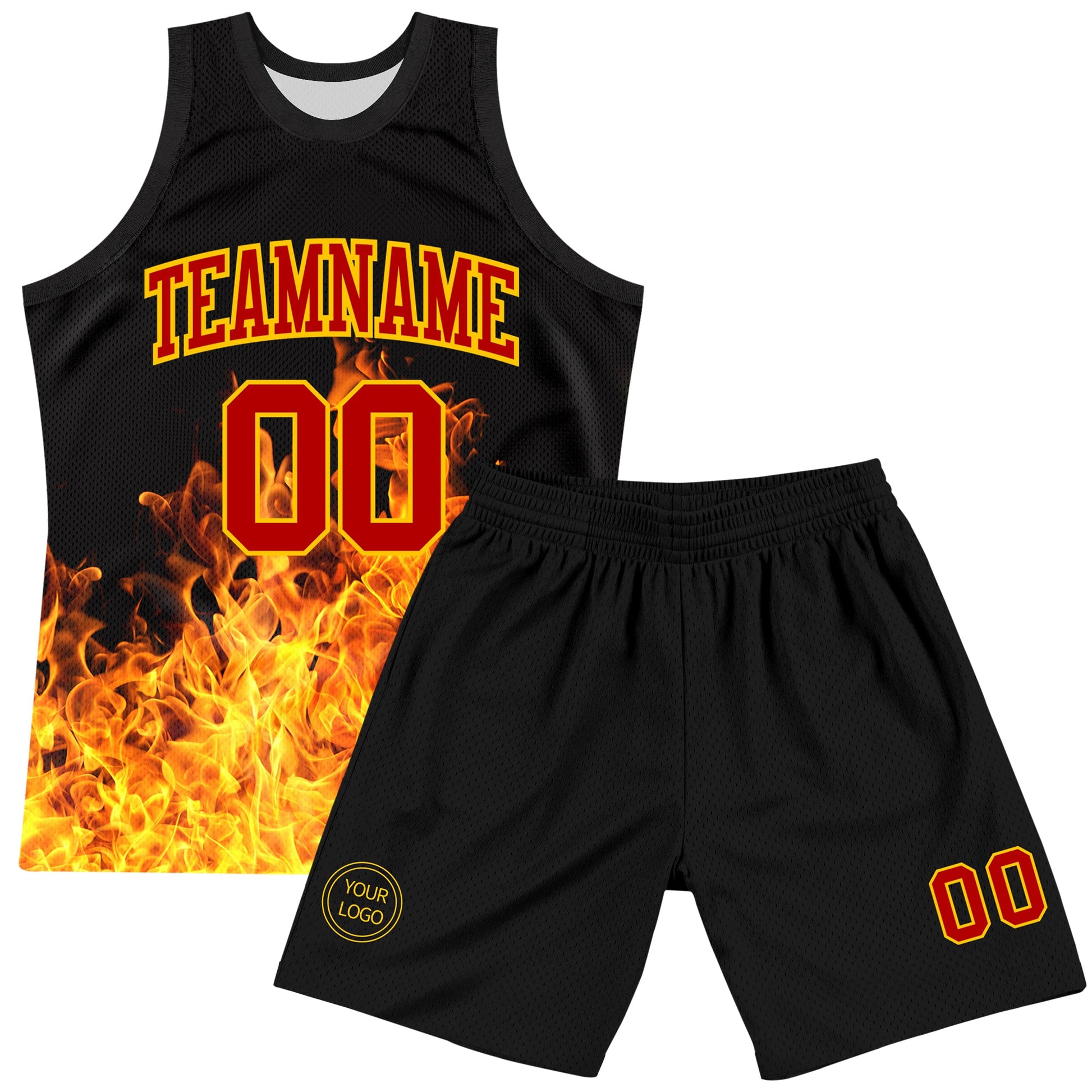 Custom Black Red-Yellow Flame Round Neck Sublimation Basketball Set Jersey view 2