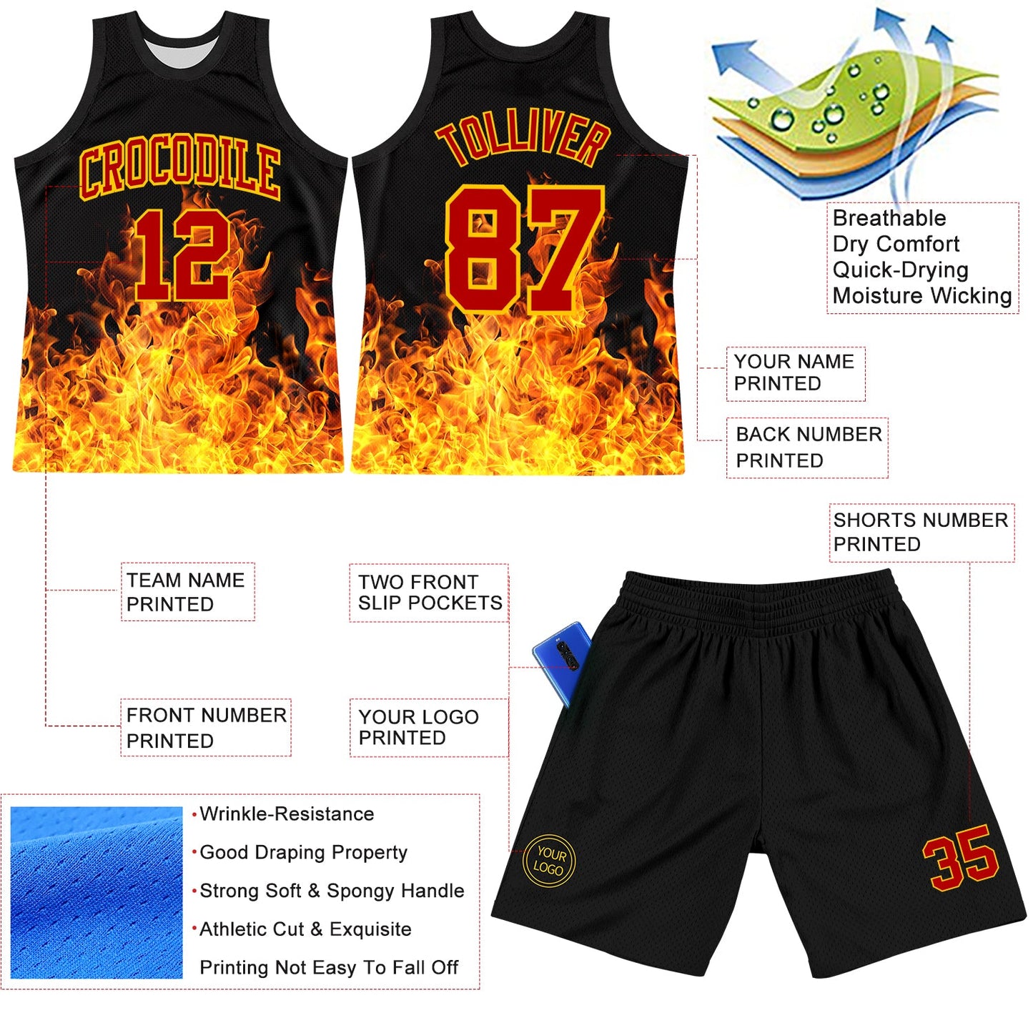 Custom Black Red-Yellow Flame Round Neck Sublimation Basketball Set Jersey view 3
