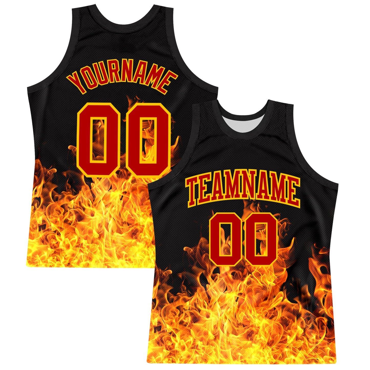 Custom Black Red-Yellow Flame Round Neck Sublimation Basketball Set Jersey - Main View