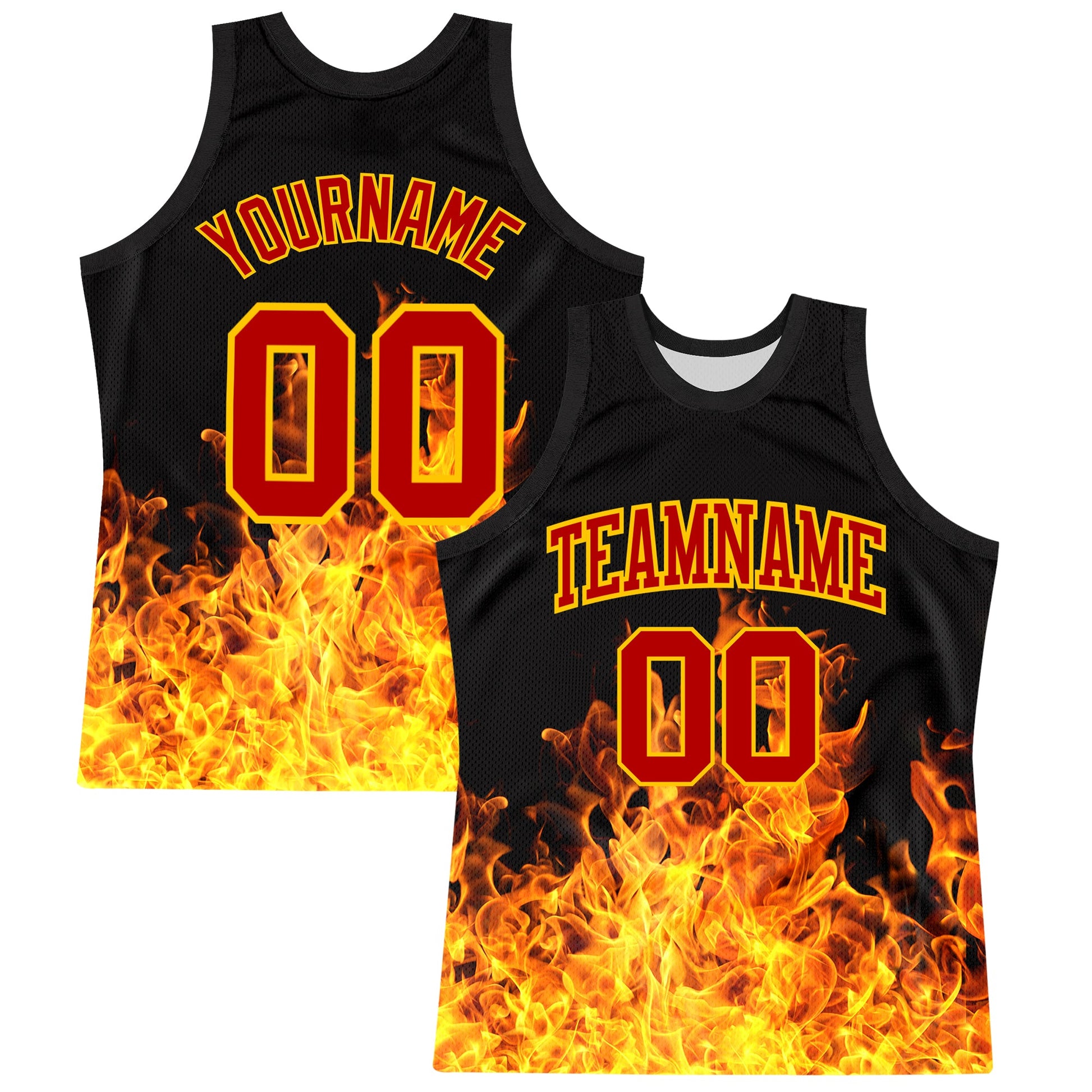 Custom Black Red-Yellow Flame Round Neck Sublimation Basketball Set Jersey - Main View
