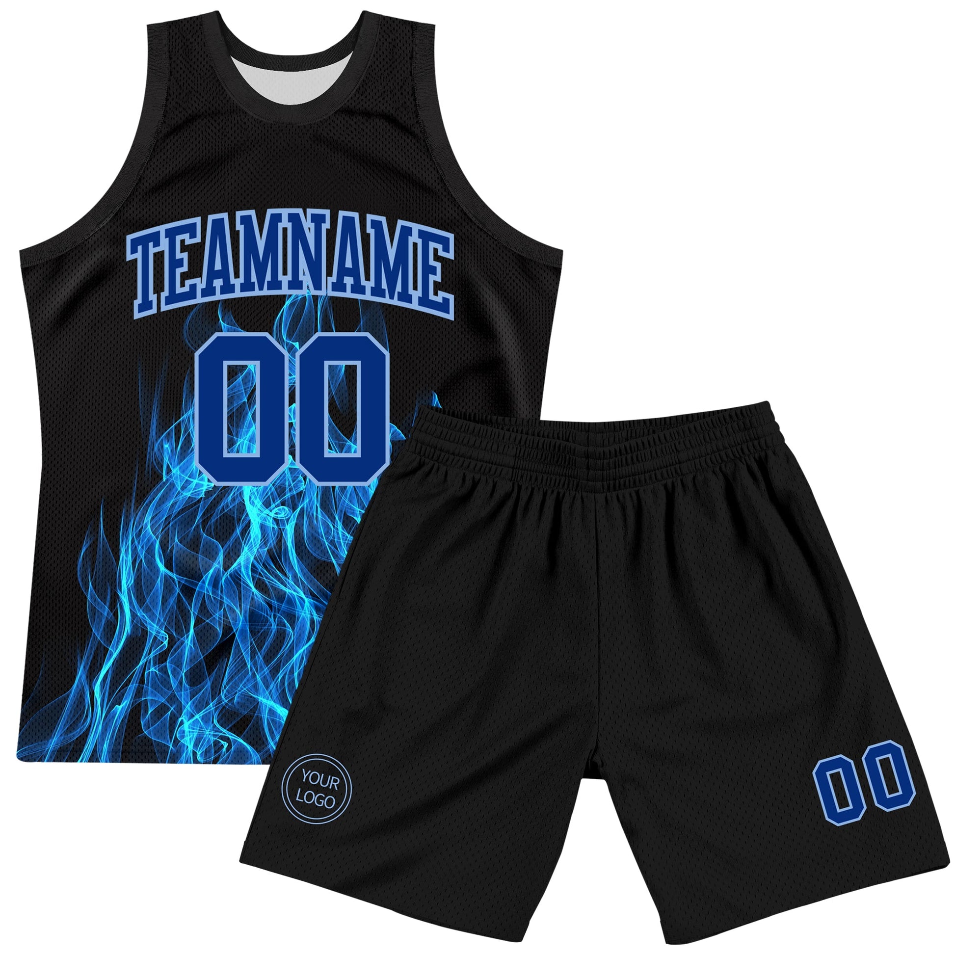 Custom Black Royal-Light Blue Flame Round Neck Sublimation Basketball Set Jersey view 2