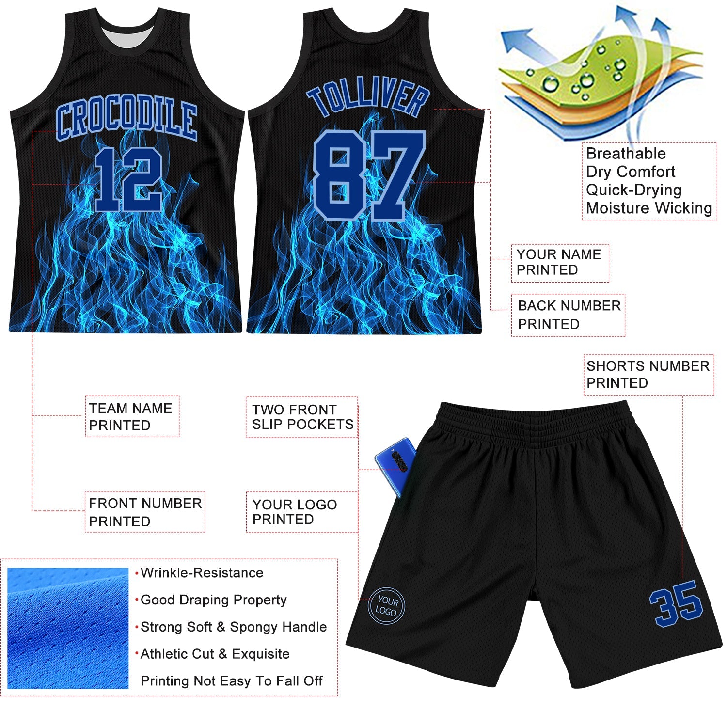 Custom Black Royal-Light Blue Flame Round Neck Sublimation Basketball Set Jersey view 3