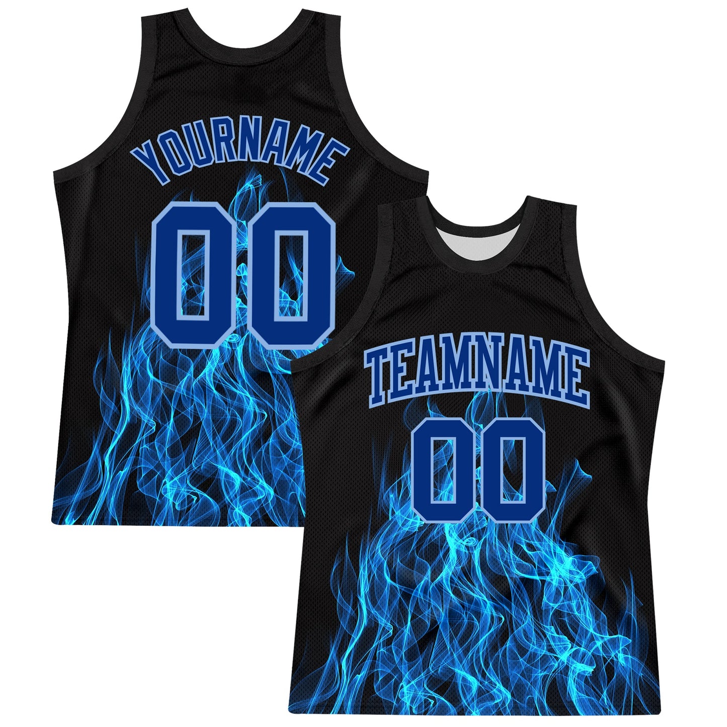 Custom Black Royal-Light Blue Flame Round Neck Sublimation Basketball Set Jersey - Main View