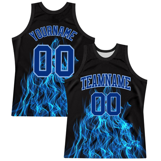 Custom Black Royal-Light Blue Flame Round Neck Sublimation Basketball Set Jersey - Main View