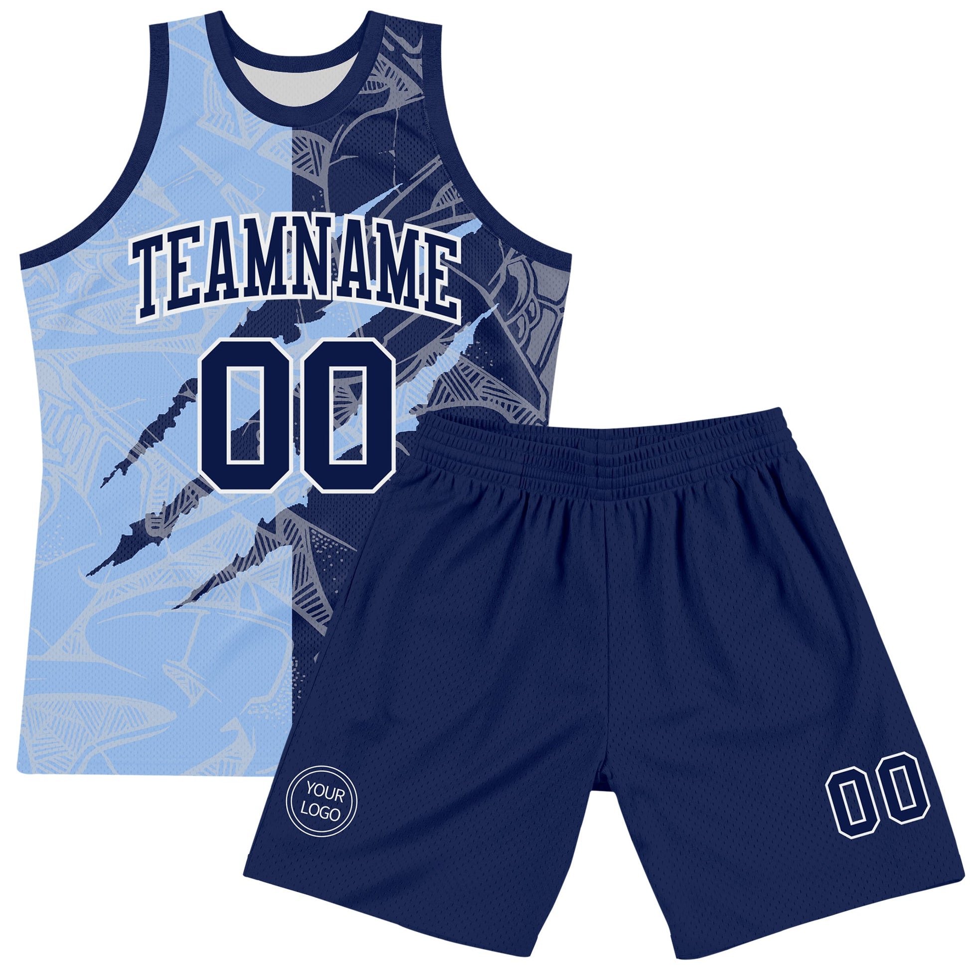 Custom Graffiti Pattern Navy Light Blue-White Scratch Round Neck Sublimation Basketball Set Jersey view 2