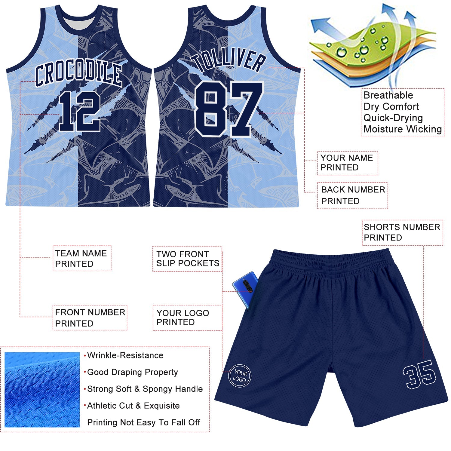 Custom Graffiti Pattern Navy Light Blue-White Scratch Round Neck Sublimation Basketball Set Jersey view 3