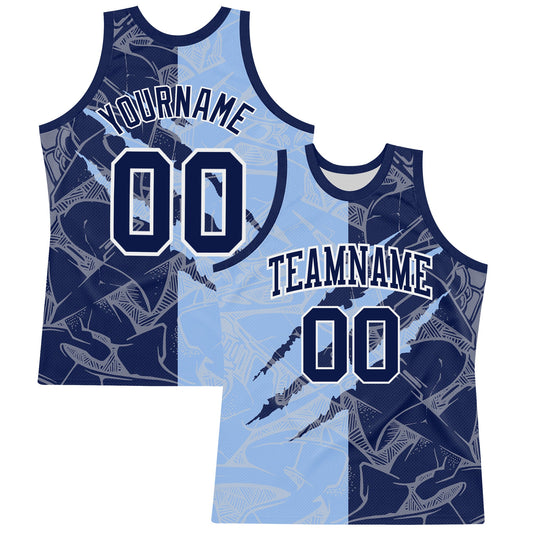 Custom Graffiti Pattern Navy Light Blue-White Scratch Round Neck Sublimation Basketball Set Jersey - Main View