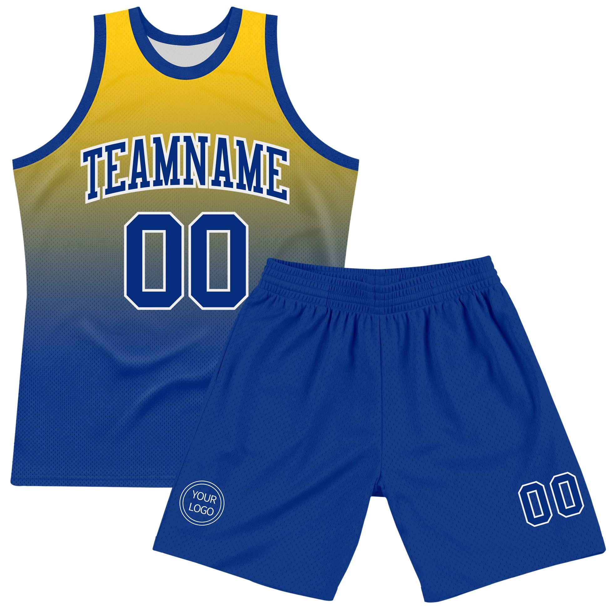 Custom Yellow Royal-White Fade Fashion Round Neck Sublimation Basketball Set Jersey view 2