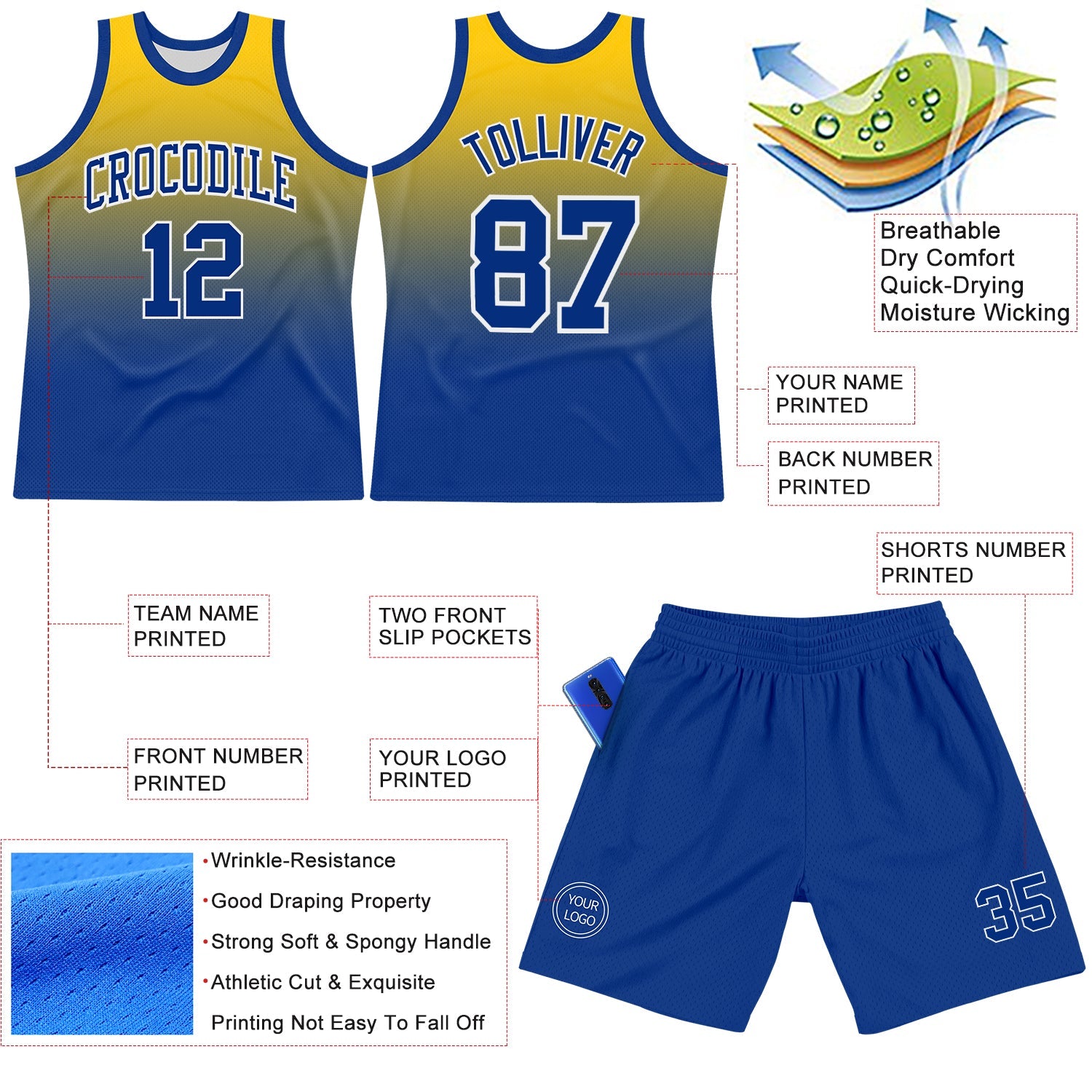 Custom Yellow Royal-White Fade Fashion Round Neck Sublimation Basketball Set Jersey view 3
