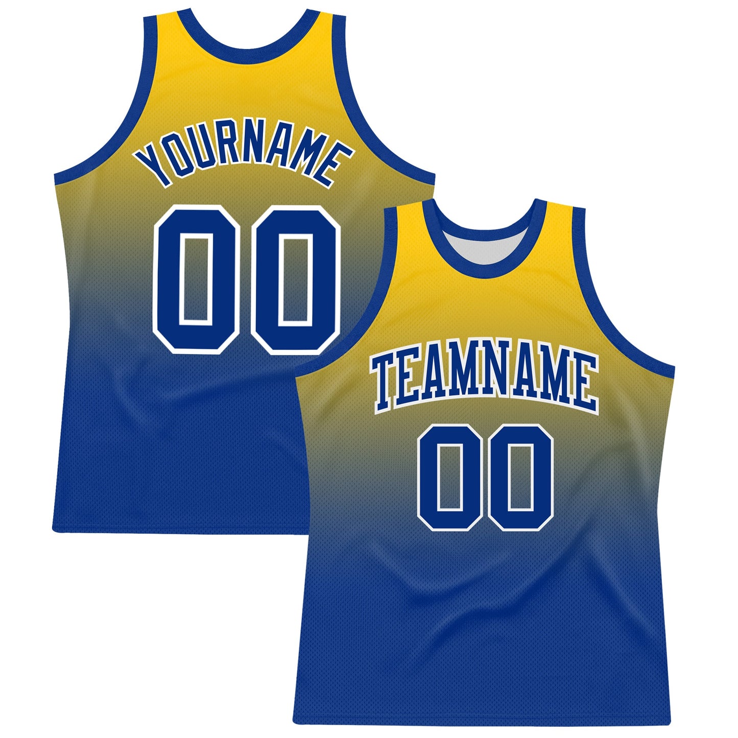 Custom Yellow Royal-White Fade Fashion Round Neck Sublimation Basketball Set Jersey - Main View