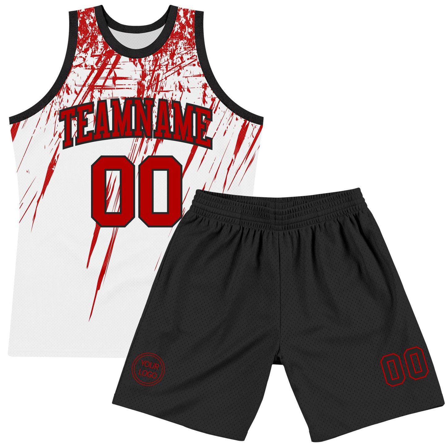 Custom White Red-Black Splash Round Neck Sublimation Basketball Set Jersey view 2