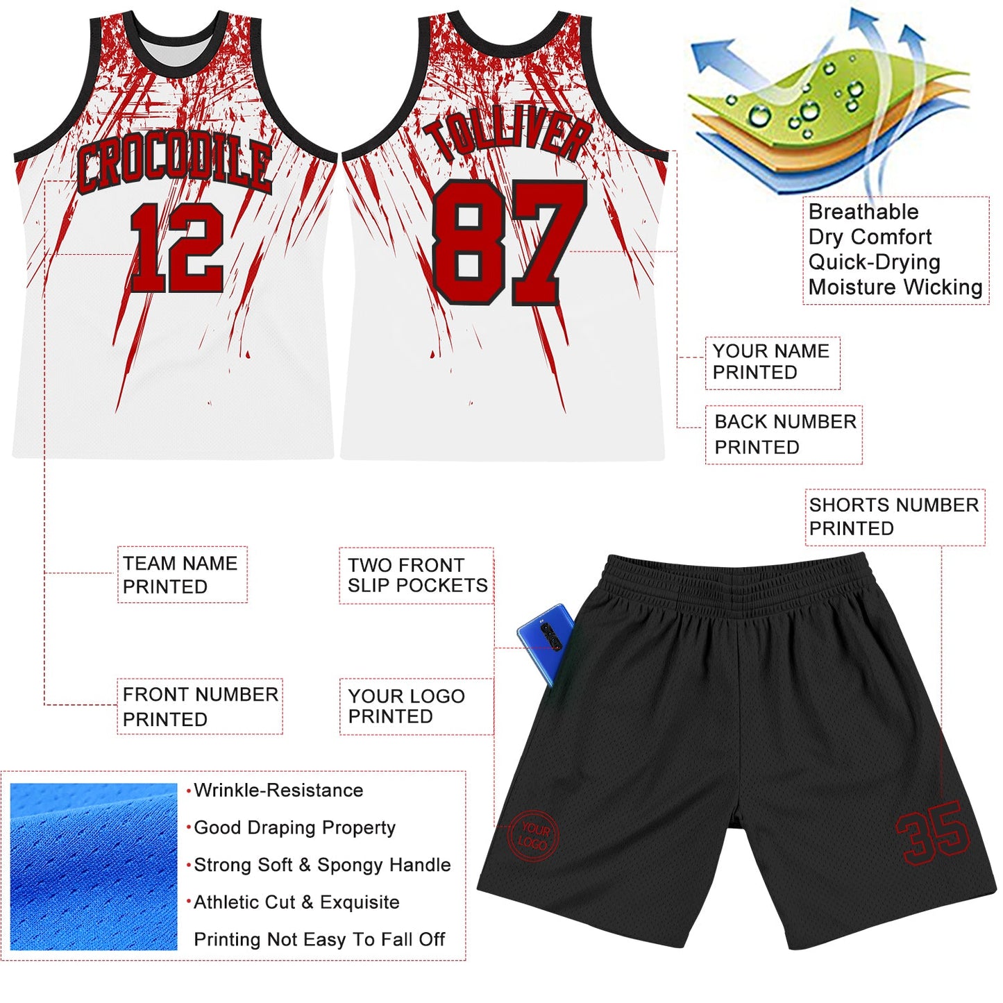 Custom White Red-Black Splash Round Neck Sublimation Basketball Set Jersey view 3
