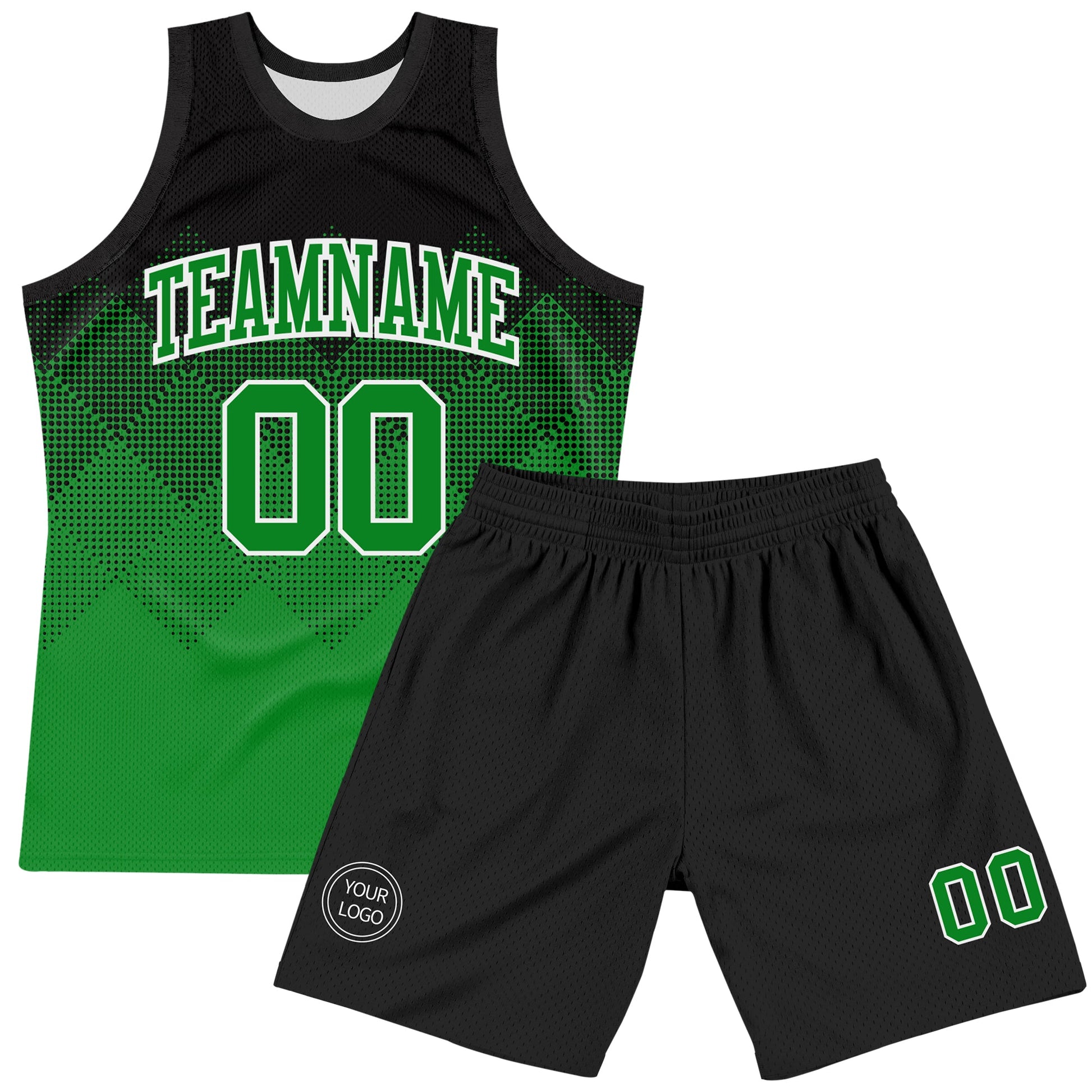 Custom Black Grass Green-White Gradient Square Shapes Round Neck Sublimation Basketball Set Jersey view 2