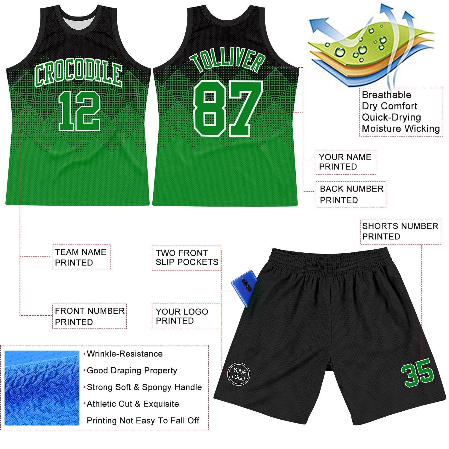 Custom Black Grass Green-White Gradient Square Shapes Round Neck Sublimation Basketball Set Jersey view 3
