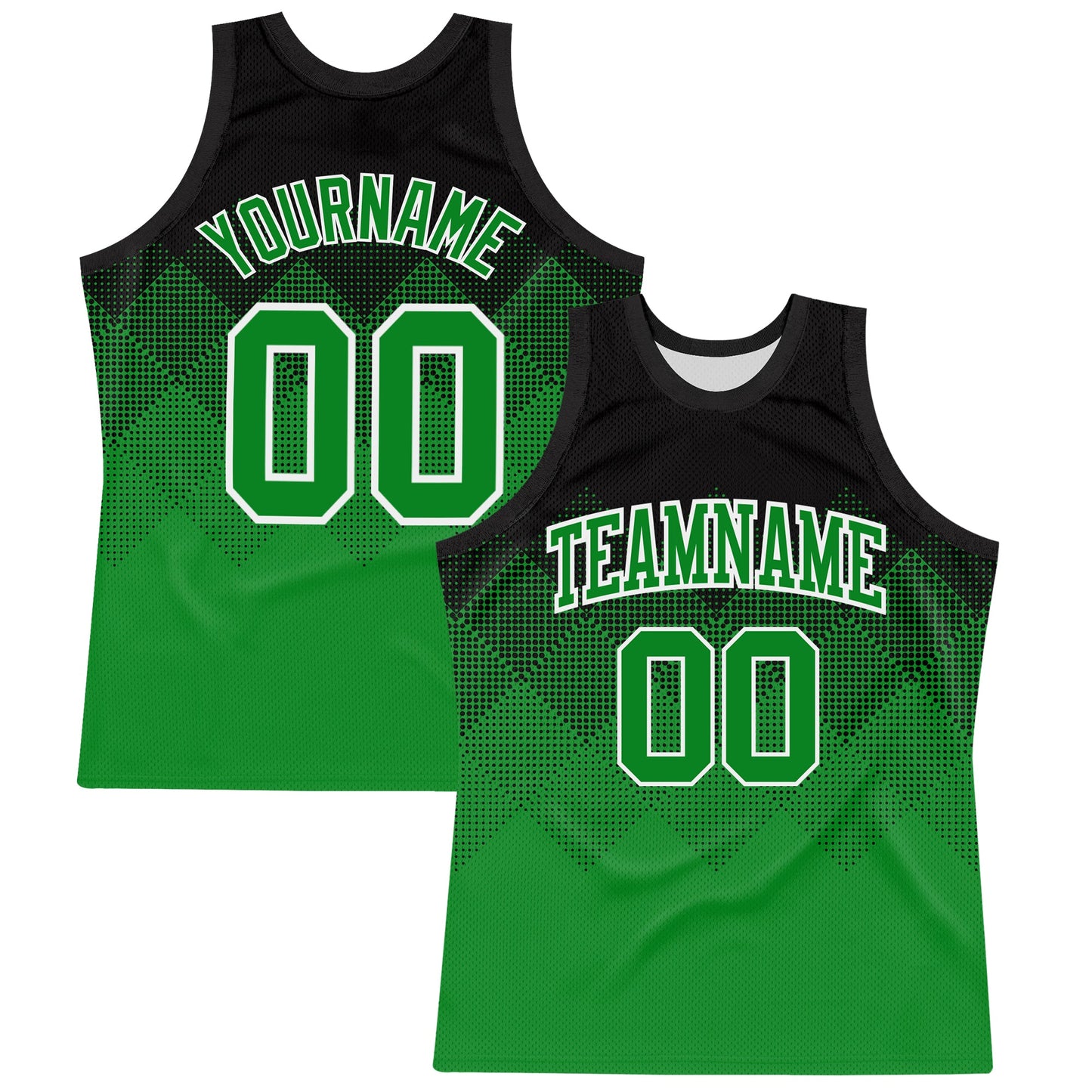 Custom Black Grass Green-White Gradient Square Shapes Round Neck Sublimation Basketball Set Jersey - Main View