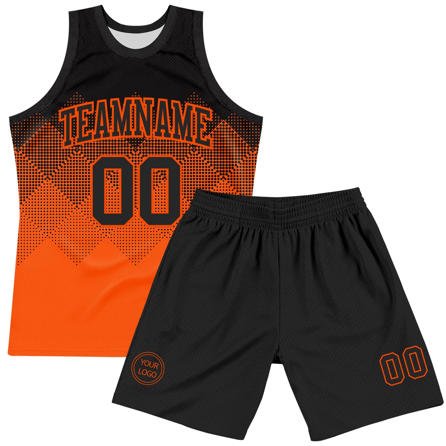 Custom Black Orange Gradient Square Shapes Round Neck Sublimation Basketball Set Jersey view 2