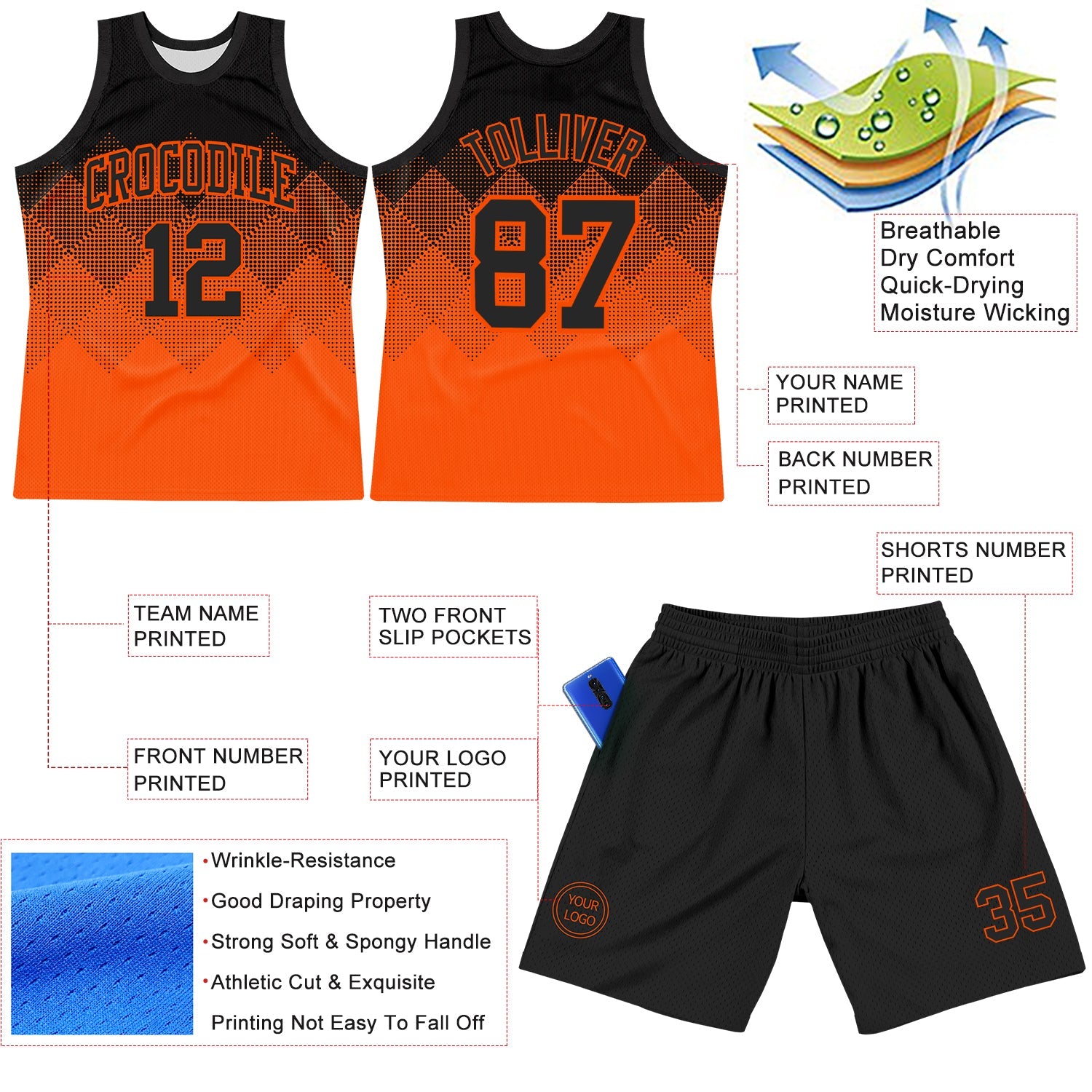 Custom Black Orange Gradient Square Shapes Round Neck Sublimation Basketball Set Jersey view 3